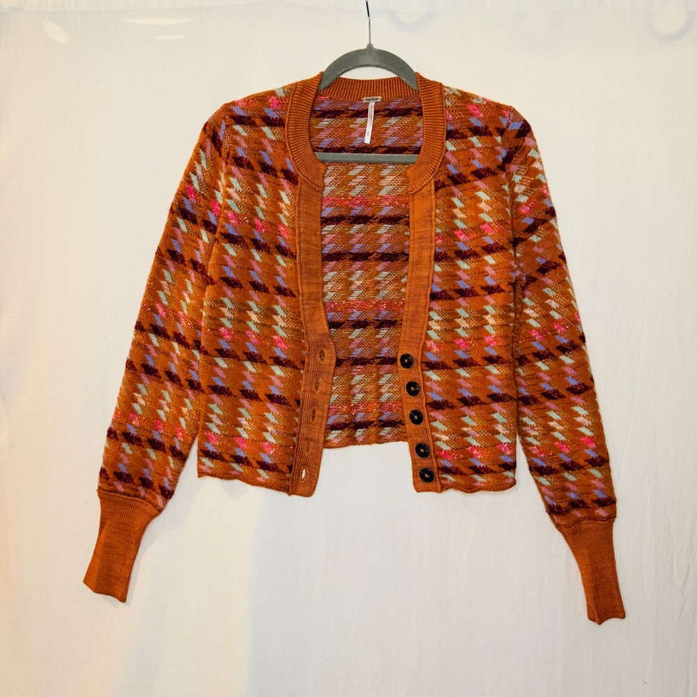 Free People Orange Multi Geometric Houndstooth Cropped Cardigan Sweater Small